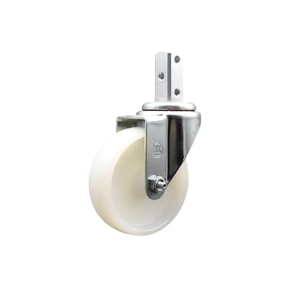 Service Caster SCC-SQ20S414-NYS-78 Swivel Square Stem Caster for Carts & Equipment, 4x1.25in White Nylon Wheel, 0.87x2in Square Stem with 3x0.26in Mounting Holes, 300 lbs Capacity, High Substance Resistance, Low Rolling Resistance, Bolted, Maintenance Fre