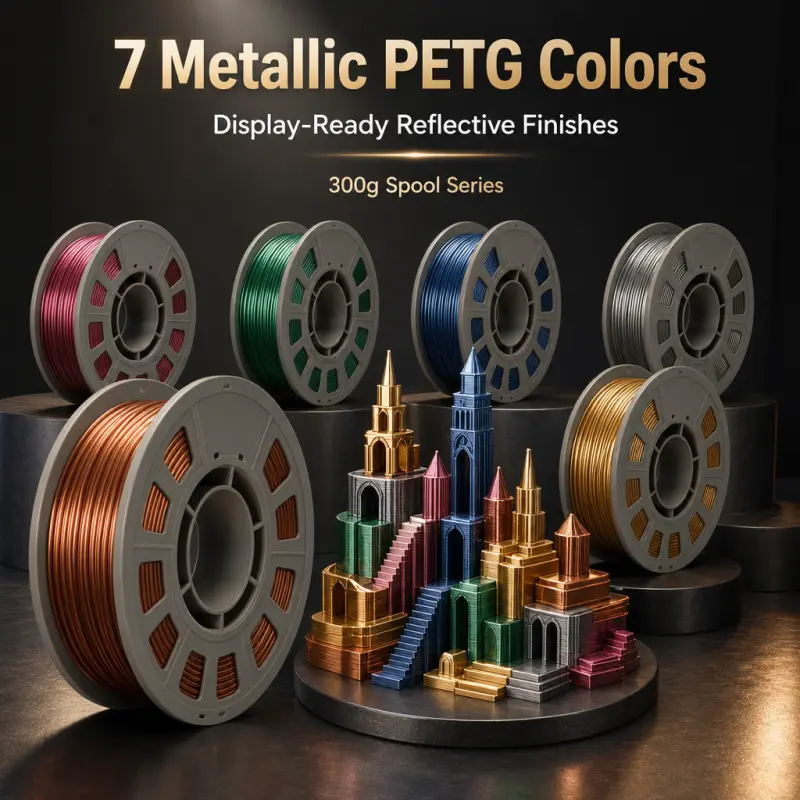 7-Pack 7-Color Metallic PETG 3D Printer Filament Set, 300g per Mini Spool (1 Spool Each Color), 1.75mm, High Reflective Mirror Finish, Universal for All FDM 3D Printers, Bambu Lab Easy Printing Bundle, Ideal for Art Crafts & Desk Decorations, 7 Colors, 1