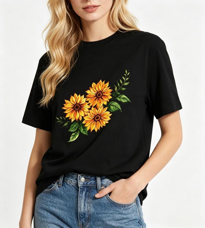 Women's Black Vintage Watercolor Sunflower Floral Graphic T-Shirt - Casual Short-Sleeve Fitted Top, Comfortable Fabric, Beach Style Women's Tee #sohochic