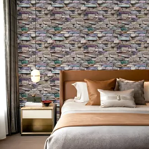 Retro Country Style 2D Colorful Brick Stone Print Wallpaper, Bedroom Living Room Kitchen Bathroom Wall Decor, Home Renovation Paper, Decorative Wallpaper