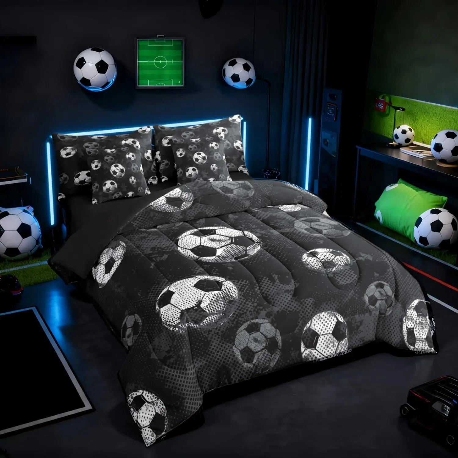 Feelyou 7-Piece Breathable Microfiber Soccer Comforter Bedding Set - Sheets, Pillowcases, Football Print Sports Theme, Multi-Size for Kids' Rooms, Ideal for Halloween, Thanksgiving
