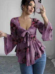 Women's Short Sleeve Floral Printed Shirt, Casual Round Neck, Loose Fit Polyester Top, Perfect for Spring Summer, Fashionable Comfortable Clothing