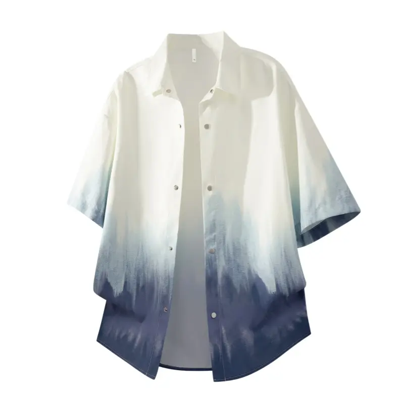 Men's Silk Short-Sleeve Button-Down Shirt - Lapel Collar, Gradient Dye, Loose Oversized, Breathable Tops for Summer Daily Streetwear Outfits#SummerWins, Menswear, Stylish, Shortsleeve, Casual, Fashion, Tie Dye, Japanese Streetwear, Clothes, 3/4 Sleeve, Re