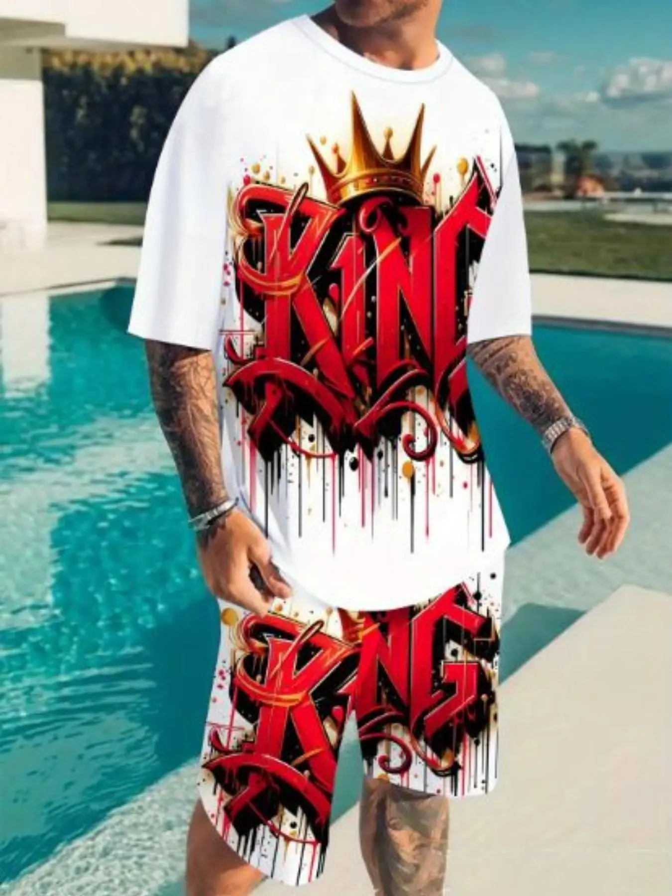 Men's Casual Summer Breathable Set, Crown Pattern & King Lettering, Includes Short Sleeve T-Shirt and Shorts, Perfect for Daily Fitness and Sports, Outfit