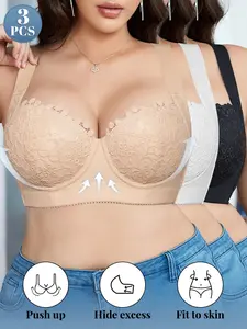 3pcs Women's Plus Size Elegant Lace Push-Up Bra with Underwire, Lift Anti‑sagging Slimming Breathable Bra Side & Tummy Smoothing Adjustable Straps, Medium Support for Daily Wear