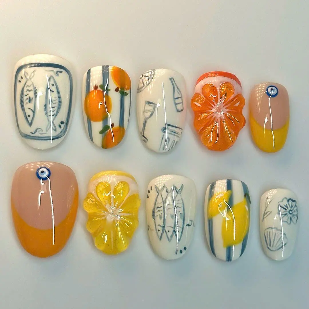 Short Oval Orange Press On Nail, Trendy Luxury nails, False Nail, Floral Nails, Baby Girls Gift, Custom Nail, nailart Handpainted Acrylic Summer