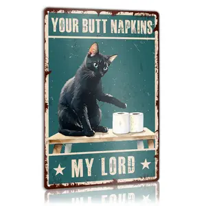 Funny Black Cat Bathroom Metal Decor Sign for Toilet Powder Room Restroom, Retro Cat Decorations for Bathroom Toilet Restroom Wall, Funny Gifts for Cat Lover Owner Dad Mom, Your Butt Napkins My Lord