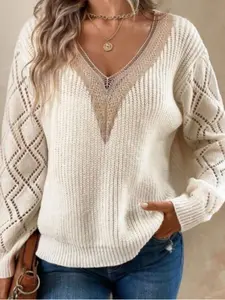 Women's Fall Winter Fitted Long Sleeve Colorblock Sweater, Casual Contrast Binding Design, Perfect for Daily Wear & Layering