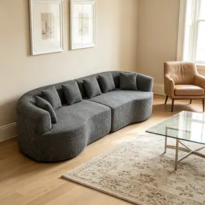Curved Cloud Sectional Sofa, 111.5" Oversized 4-Seater Corduroy Sofa, Luxury Bone-Free Memory Foam Deep Seat Couch with 6 Pillows, Grey