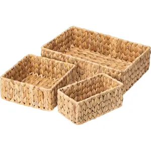 Wicker Baskets for Organizing 3Pack, Large and Small Wicker Storage Baskets Set, Hand Woven Baskets for Storage, Natural Water Hyacinth Storage Baskets for Pantry Shelf
