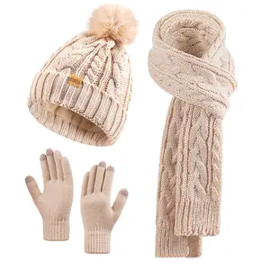 3PC Women's Winter Knit Set Fleece Lined Pom Pom Beanie Long Knit Scarf & Touchscreen Gloves Warm Christmas Gift