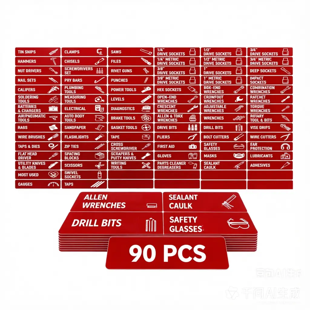 Heavy Duty Magnetic Tool Box Labels 90 Pack, 82 Pre-Printed & 8 Blank Large 3.5x1 Inch Tool Chest Drawer Organizer Tags Strong Adhesive Magnet Clear Visible Printing Fit All Brand Steel Tool Cabinet Drawers Red Color