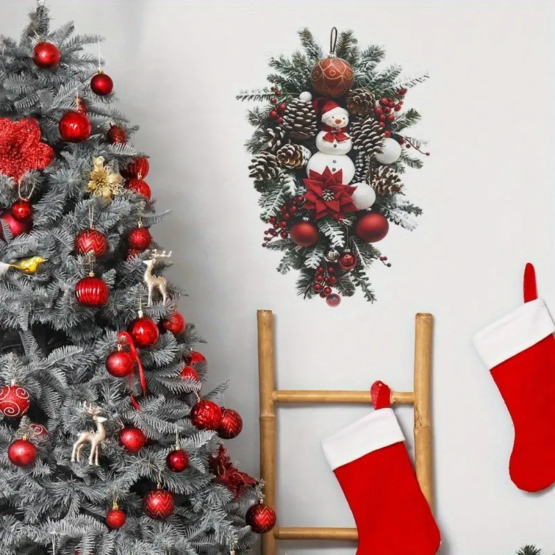 Boho Self-Adhesive Christmas Wall Stickers, Pine Cone Snowman Leaf Designs, Perfect for Living Room Bedroom Porch Dorm Decor