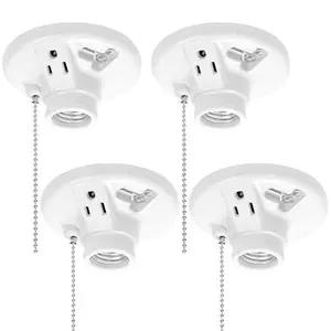 Porcelain Light Socket with 3-Prong Outlet, 4 Pack Pull Chain E26/E27 Base for Basement, Closet & Dry Garage