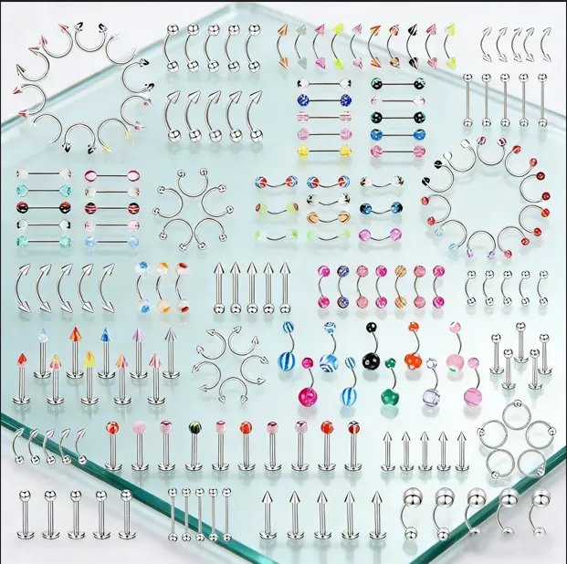 Unisex Large-Capacity Body-Safe Surgical Stainless Steel Piercing Jewelry Set - Patterned Acrylic Ball Eyebrow Ring, Lip Rings, Helix Earrings, Nose Piercing Pieces for Daily Wear, Body-Safe Piercing Jewelry