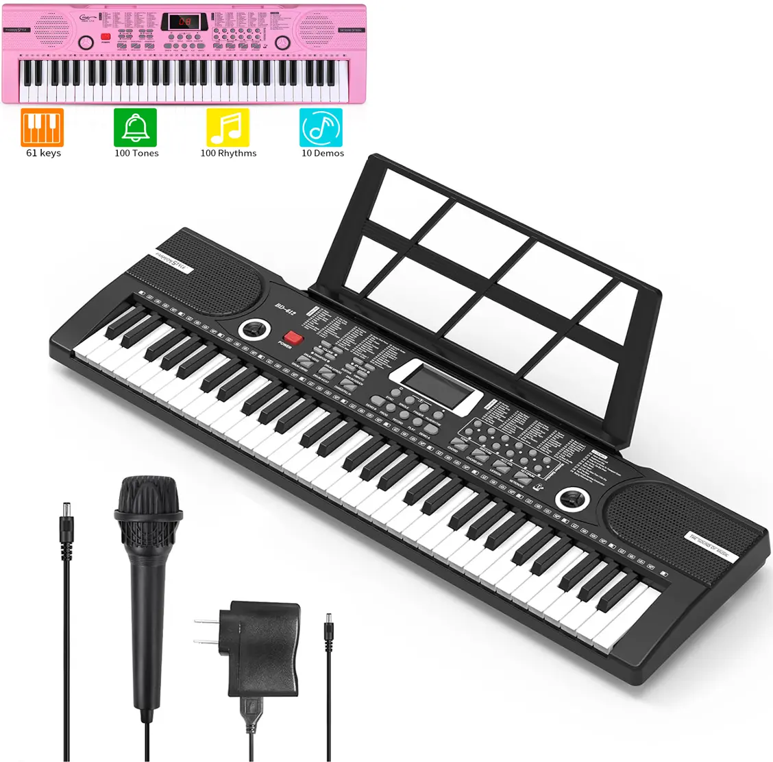 Large 61 Key Music Electronic Keyboard 30'' Electric Digital Piano Organ Built-In Speaker Microphone w/ Seet Stand Boys & Girls Gift Teaching for Beginners