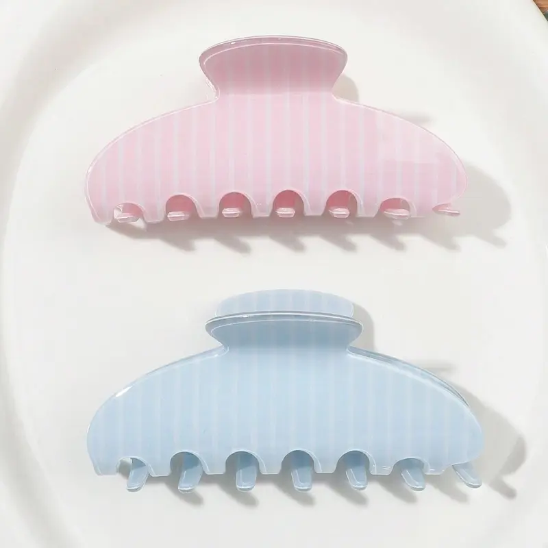 2pcs Blue & Pink Striped Glossy Acrylic Solid Half-Round Hair Claw Clips, Super Cute Clips, Soft & Sweet Style, Elegant Romantic Vibe, Hair Clips For Styling, Versatile For Spring_Summer Outings, Fun Claw Clips, Summer Hair Accessories