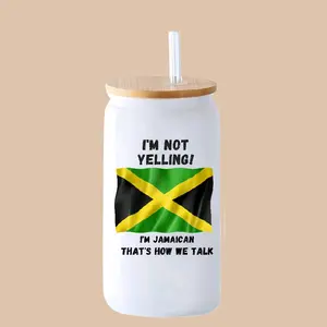 Funny Jamaican 16oz Glass Libb Cup Drinkware Reusable Washable Reusey with Jamaican Flag Design I'm Not Yelling I'm Jamaican That's How We Talk