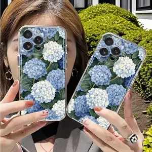 [Hydrangea Phone Case] Phone Case - Blue And White Hydrangea Phone Case Suitable for Iphone 16 15 14 13 12 11 Pro Max X XS XR XSMAX 7 8 6 6S Plus, Cartoon Transparent Full-Cover Phone Case, Easy And Stylish Soft Protective Cover