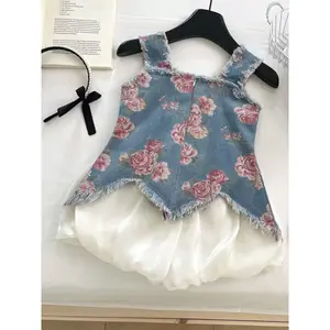 New(New)Summer French Sweet Style Sleeveless Denim Print Camisole + Solid Color Tulle Pants 3-7 Year Old Girls' Two-Piece Set with Irregular Hem + Frayed Edge Decoration