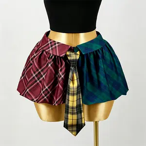 Women's multi-color plaid patchwork A-line short skirt
