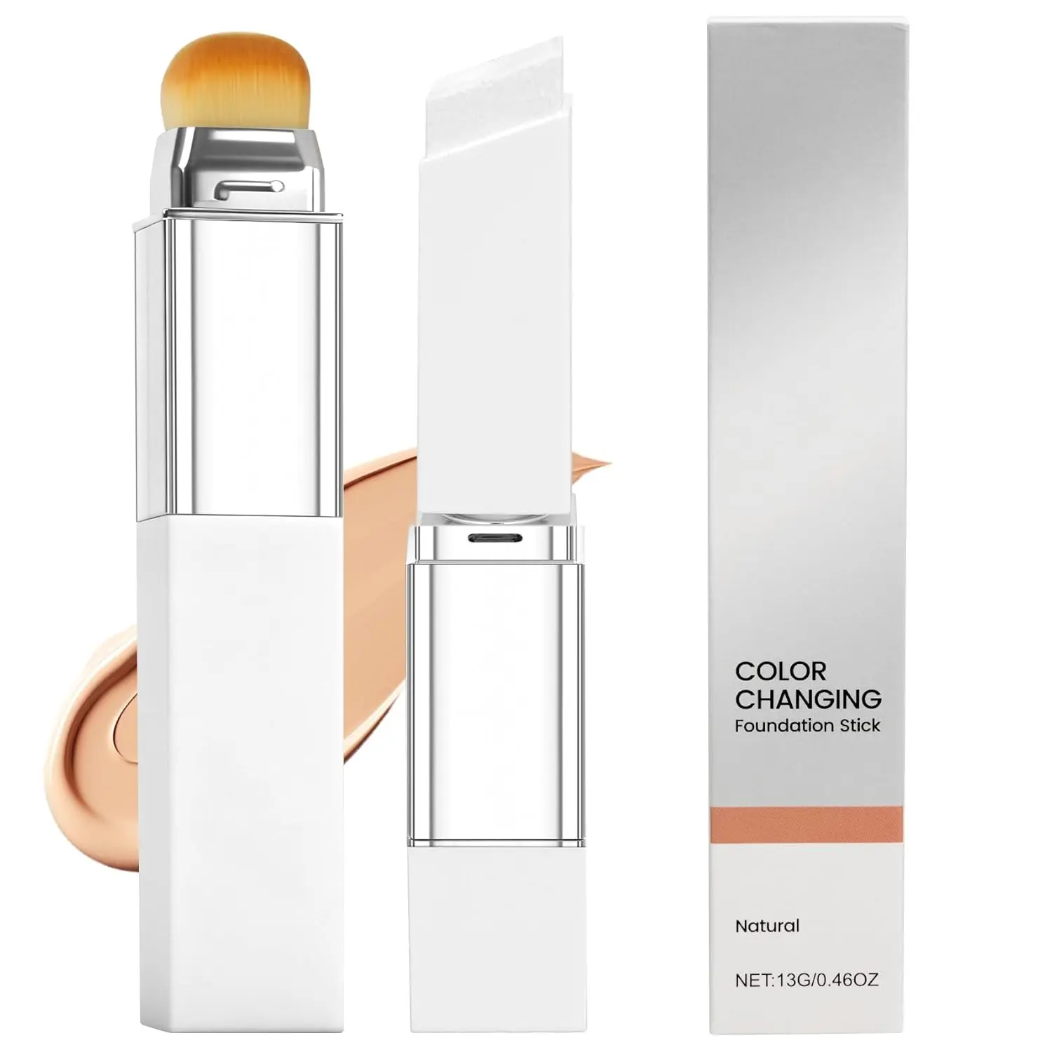 Moisturizing Color Changing Foundation Stick - 2-in-1 Dual-Ended with Built-in Brush, Hydrating Concealer Base Makeup, Lightweight Buildable Coverage, Smooth Blendable Finish, Volufiline-Infused for Travel & Daily Use
