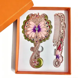 Peacock Open Screen Small Mirror Handle Metal Creative Retro Makeup Mirror Portable Set Holiday Gifts Household Goods Purse Stuffers Hairbrush Black Hair Products Styling Comb