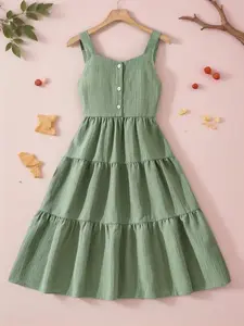 Girls' Square Neck Solid Color Summer Dress with Button Decoration, Strapless Style, Fashionable and Comfortable Design, Perfect for Daily Wear