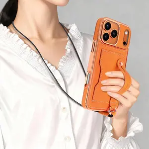 Long Lanyard Crossbody Wrist Strap Phone Case with Stand Compatible with iPhone 17 Pro Max, 16 Pro, 15 Plus, 14, 13, 12 and Air Version,Card Holder & Card Slot, Shockproof Protective Cover with Durable Structure and Secure Grip Design