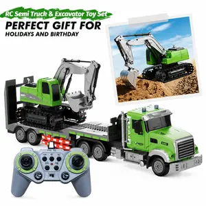 RC Semi Truck & Excavator Toy Set, 1:12 Removable and Rechargeable Remote Control Flatbed Trailer Truck with Lights & Sound, 2.4GHz RC Construction Vehicles for Kids,Surprise Gift, Parent-Child Interaction