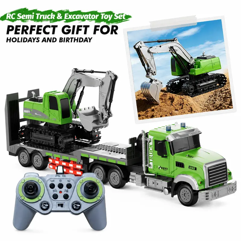 Egofuntoy 1:12 RC Semi Truck & Excavator Backhoe Car Toy Set - ABS Plastic, 2.4GHz 11-Channel Remote Control Vehicle, Removable Rechargeable Flatbed Trailer with Lights & Sound, Auto-Demo Mode, Cool Christmas Gifts for 8-10Y Boys, Kid Stuff for Boys Egofuntoy 1:12 RC Semi Truck & Excavator Backhoe Car Toy Set - ABS Plastic, 2.4GHz 11-Channel Remote Control Vehicle, Removable Rechargeable Flatbed Trailer with Lights & Sound, Auto-Demo Mode, Cool Christmas Gifts for 8-10Y Boys, Kid Stuff for Boys