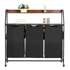 VEVOR 2 Tiers Laundry Sorter, Tall Laundry Hamper with Metal Frame and Wooden Tabletop, 3 Section Rolling Basket Organizer Storage with Ladder Shelves and 600D Oxford Cloth Bags for Dirty Clothes
