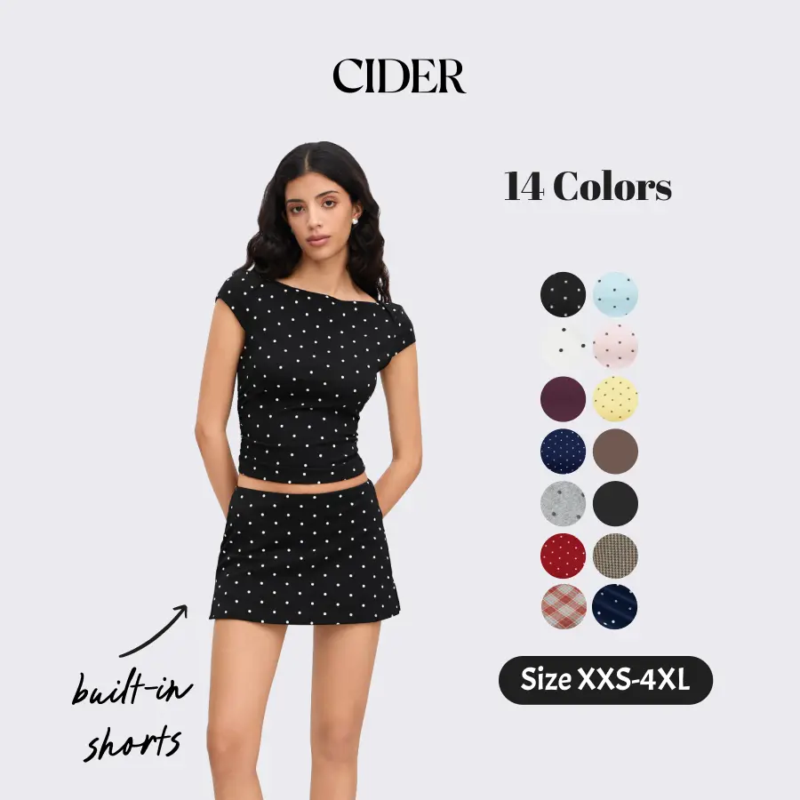 Cider 2-Piece Set Boat Neck Polka Dot Ruched Tee & Micro Mini Skort with Built-in Shorts Fashion Style Women's Summer Sets SohoChic