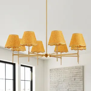 8-Light Farmhouse Gold Chandelier Light Fixture, Adjustable Hanging Ceiling Light for Dining Room Kitchen