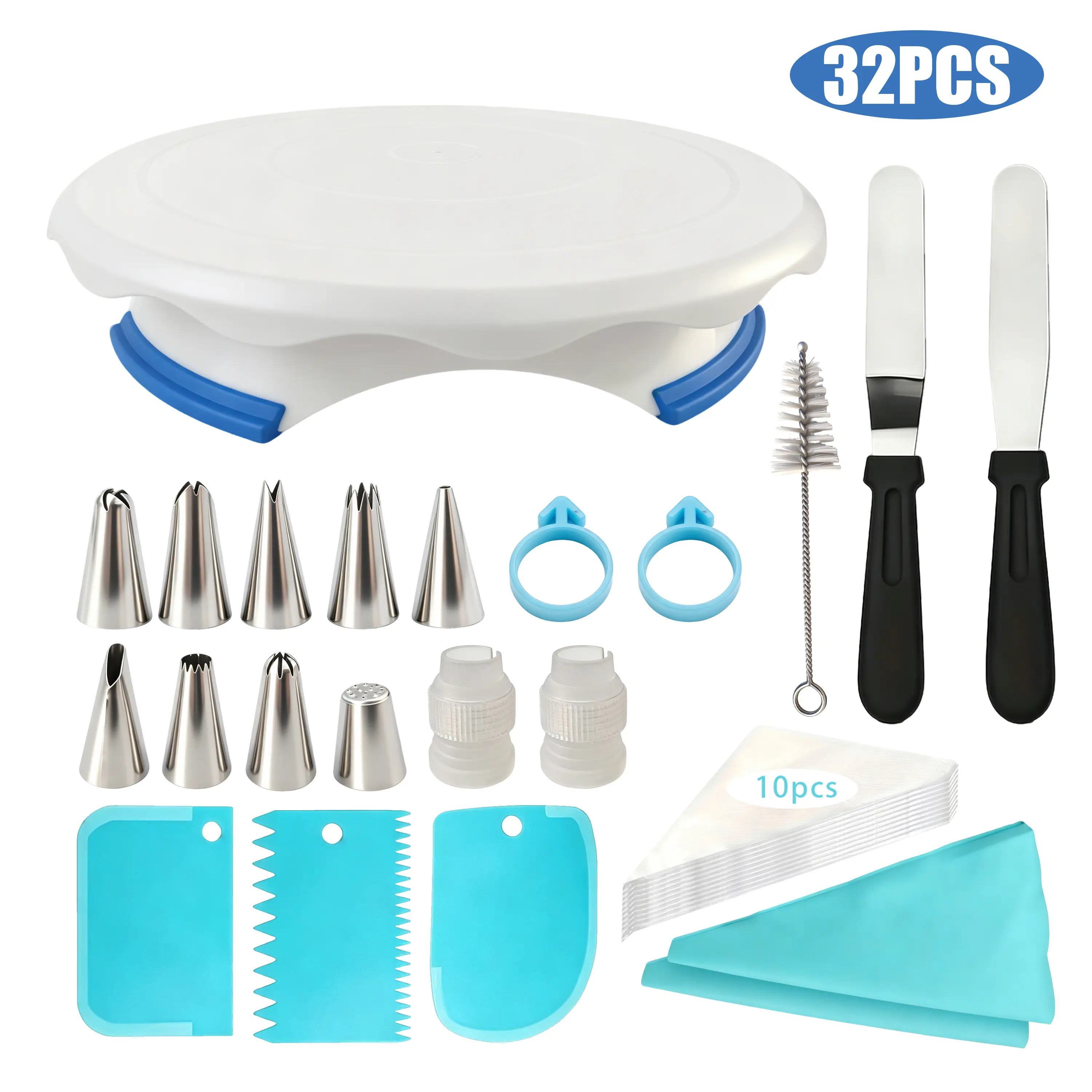32Pcs Classic Premium Safe Bakeware Set - Non-Slip Spinning Rotating Turntable, Silicone, Metal, Stainless Steel, Plastic, Disposable Tools, BPA-Free Cake Decorating Supplies for DIY Frosting, Birthday Pastry Baking, Star