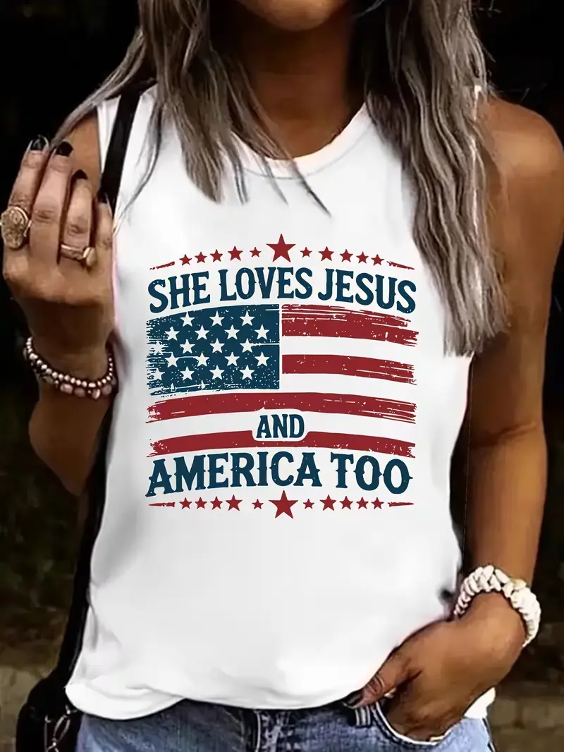 USA Women's  Vintage Distressed Flag Star Border Letter Tank Top - Retro Patriotic Sleeveless Tops for Women, Tank Tops Casual Crewneck
