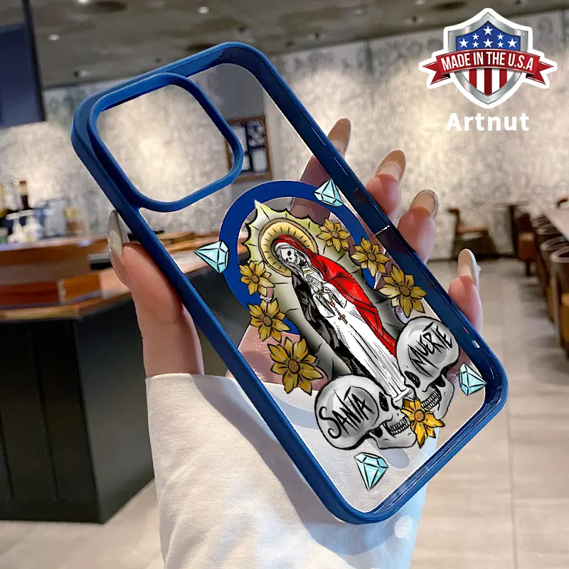 Compatible for iPhone 16 Pro Max 15 16E 14 Plus 13 12 Mini 11 Promax X XS XR XSMax Case Santa Muerte Pattern Magnetic Transparent Acrylic Back TPU Edges Support Wireless Charging Phone Cover for Girl