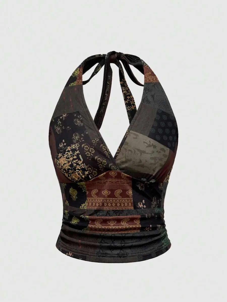 VYNCE Women Sexy Halter Neck Tie Back Top Retro Patchwork Floral Print Sleeveless Boho Hippie Tank Top for Beach Vacation