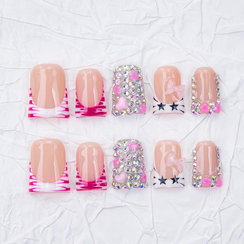 Nailssbysheccid, 10pcs-Y2K press on nails, duck nails, 100%handmade, with French, 3D, smudt, hand-drawn designs, perfect for family dinners, dates, weddings, and the best gift for girls! Jelly gel, crystal sticks and rolling sticks are given as gifts.
