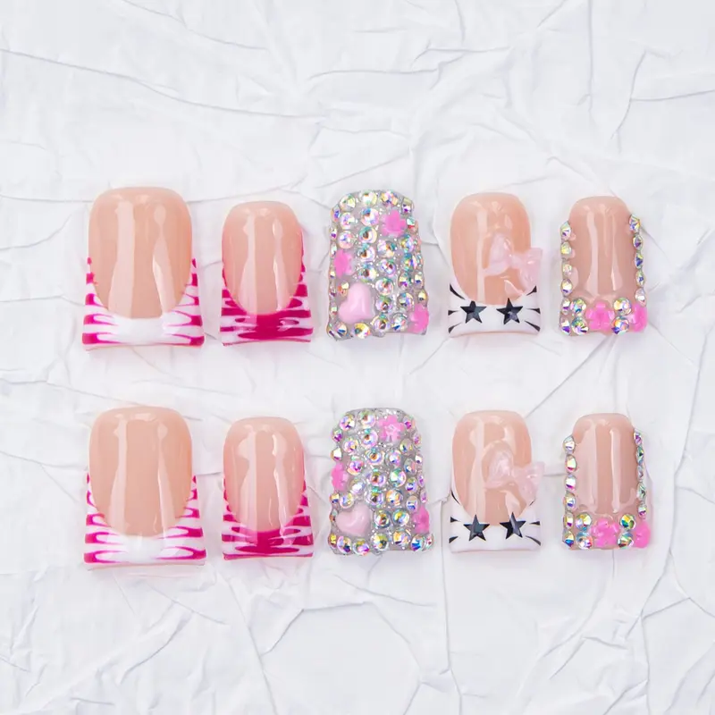 Nailssbysheccid, 10pcs-Y2K press on nails, duck nails, 100%handmade, with French, 3D, smudt, hand-drawn designs, perfect for family dinners, dates, weddings, and the best gift for girls! Jelly gel, crystal sticks and rolling sticks are given as gifts.
