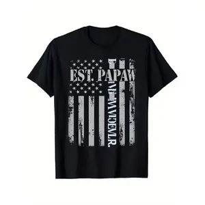 Men'S Heavyweight 180gsm Vintage American Flag T-Shirt - EST Papaw Patriotic Graphic Tee with Distressed Lettering & Aged Stars, Classic Fit Crewneck Short Sleeve Shirt for Fourth of July, Father'S Day Gifts, Ideal Grandpa Apparel () - All-Season Co