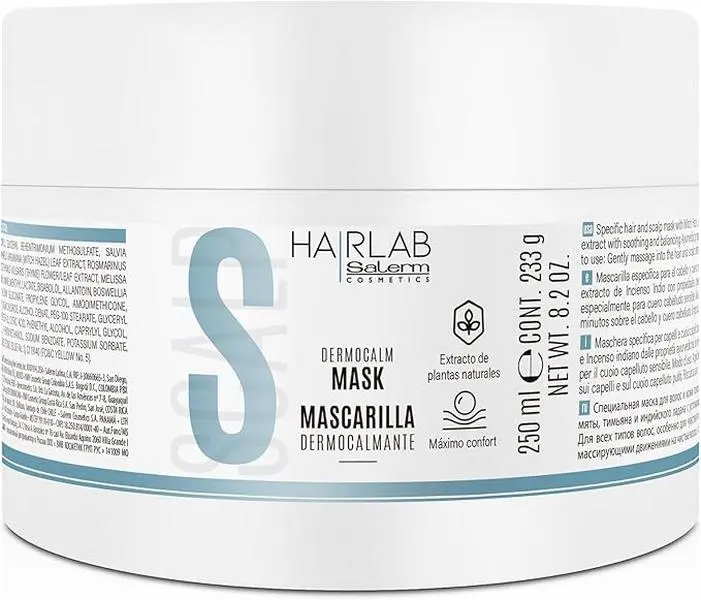 Salerm DermoCalm Haircare Mask, 250ml (8.2oz) - Salerm Cosmetics Vegan Botanical Moisturizer, Hydrating Treatment with Soothing Formula, Mint, Witch Hazel, Thyme for Nourished Hair & Scalp Relief