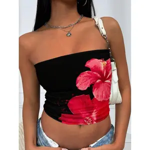 Women's Floral Print Crop Tube Top, Fashion Casual Sleeveless Strapless Top for Daily Outdoor Wear, Ladies Clothes for Summer(Sheets)