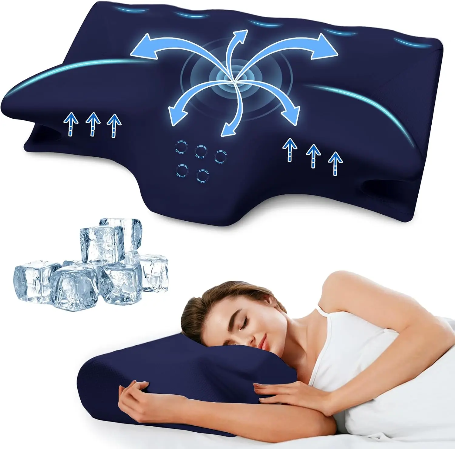 Navy Blue Orthopedic Contoured Shape Butterfly Cutout Pillow - Ergonomic Memory Foam Cervical Support, Adjustable Cooling, Odorless Soft Cushion, Pillows for Sleeping, Sleeping Aid for Side & Back Sleepers, Breathable