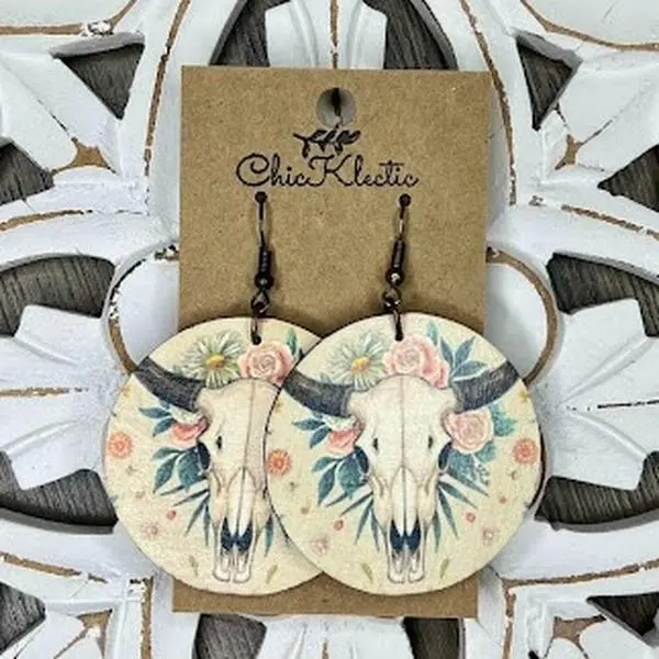 Western Floral Cow Skull Print Sublimated Wooden Earrings - casual, bridesmaids, rustic - Fashion Accessory handmade dangle