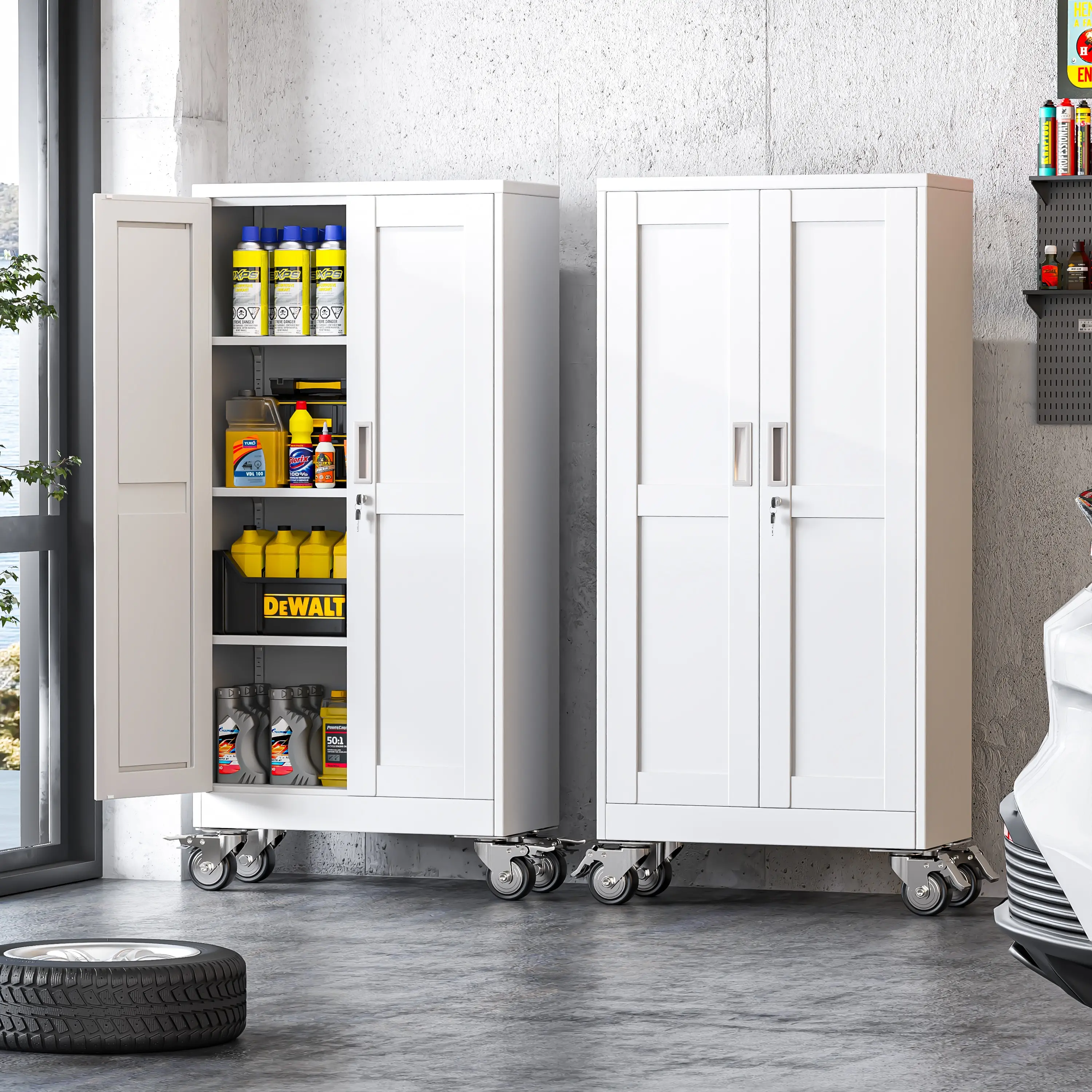 61" Tall Metal Garage Storage Cabinet with Wheels and Locking Doors and Tall Rolling Steel Tool Cabinet with 3 Adjustable Shelves for Garage,Home,Office,Shop