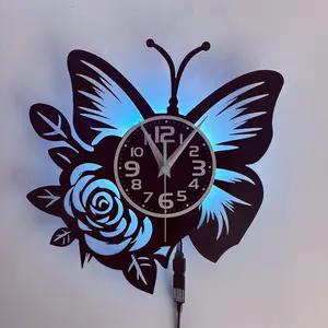 Retro Gothic Style Vinyl Record Wall Clock, Silent No Ticking, LED Illuminated Butterfly Rose Pattern, Home Decoration, Gift Idea