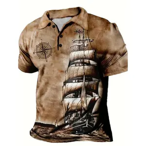 Men’s regular-fit polo shirt with compass and sailboat print, casual short-sleeve button-front top for all seasons, fashionable men’s clothing for everyday wear