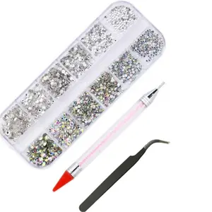 12 Grids Rhinestone Decor Nail Art Tool Set, 1 Set Nail Art Decoration Kit with Tweezers & Dot Drill Pen, DIY Nail Art Decoration Tool for Women & Girls, Christmas Gift, Nail Art Supplies