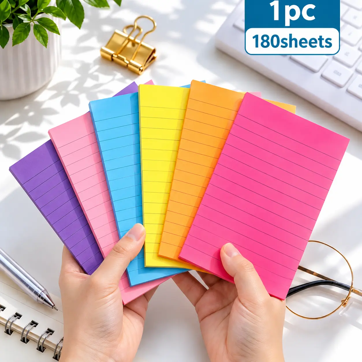 [Free Gift With Purchase] Colorful Lined Sticky Notes (2-Pad Combo: 1 Large, 1 Small, 100 Sheets Total) - Portable Design, Colorful Lines, Carry-Friendly for Office Workers, Back to School Office Stationery